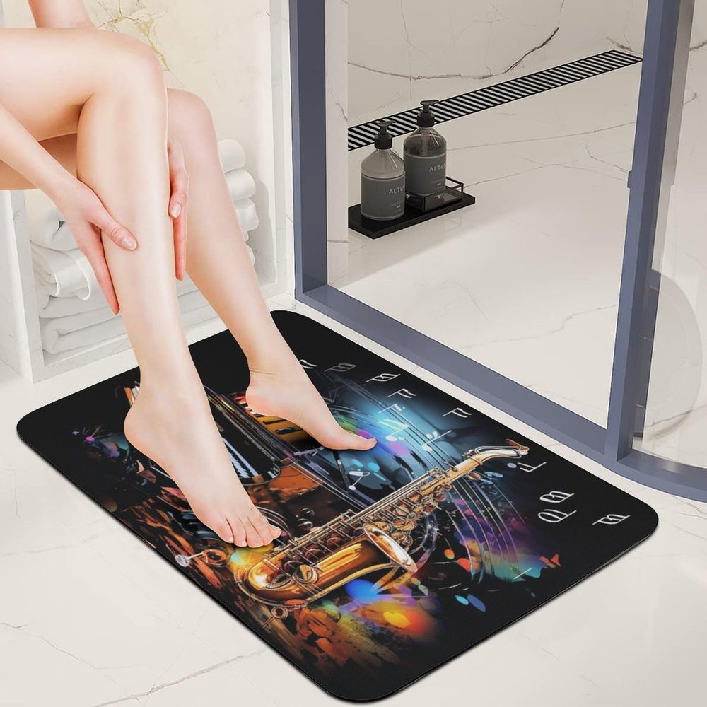 Diatomaceous Earth Bath Mats 16x24 0.15" Thin Non Slip Absorbent Saxophone and Piano Bathroom Rug Quick Dry Floor Mat for Entryway Laundry Room Decor Welcome Front Door Mat Outside Entrance