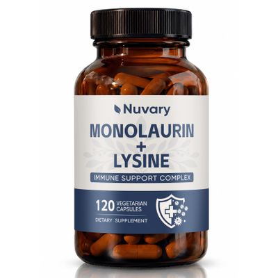 Nuvary Monolaurin Lysine Capsules, Coconut-Derived Monolaurin & Amino Acid Supplement, Restored Energy, Vegan, GMO-Free, Gluten-Free, 120 Capsules