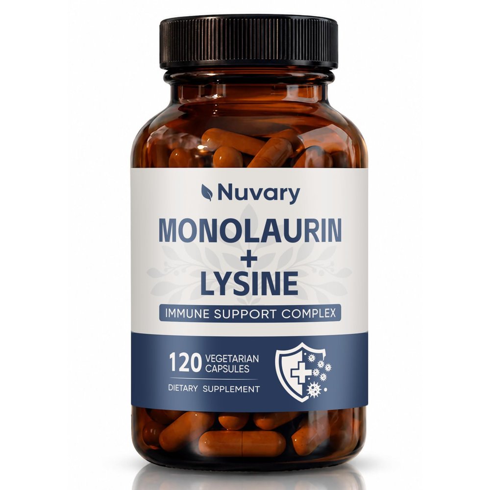 Nuvary Monolaurin Lysine Capsules, Coconut-Derived Monolaurin & Amino Acid Supplement, Restored Energy, Vegan, GMO-Free, Gluten-Free, 120 Capsules