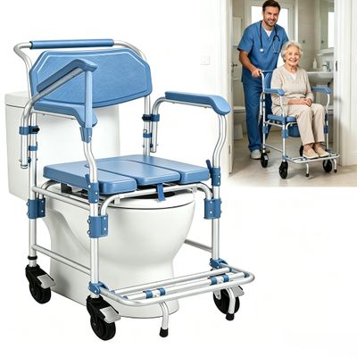4-in-1 Bedside Commode with Wheels,Shower Wheelchair for Elderly & Disabled