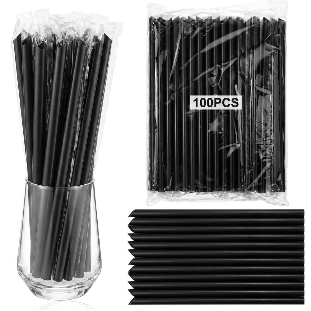Tessco for you 100 Pcs 9.84 Inch Jumbo Smoothie Straws Bulk 10 mm Large Plastic Disposable Bubble Tea Straws Wide-Mouthed Individually Wrapped for Tall Homemade Milkshakes Drinking (Black)