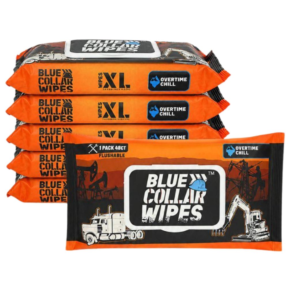BLUE COLLAR WIPES - XL Flushable Adult Wet Wipes - Biodegradable, Sewer & Septic Safe - Overtime Chill Scent - 288 Total Wipes (6 Resealable Packs of 48)