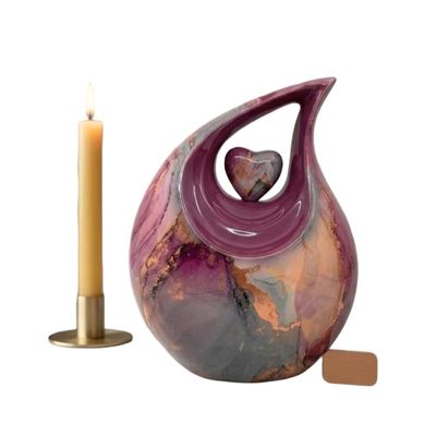 Teardrop Cremation Urn with Heart Accent - Artistic Solid Metal Urns for Human Ashes, Elegant Funeral Memorial Box for Adult Male & Female, Includes Velvet Bag