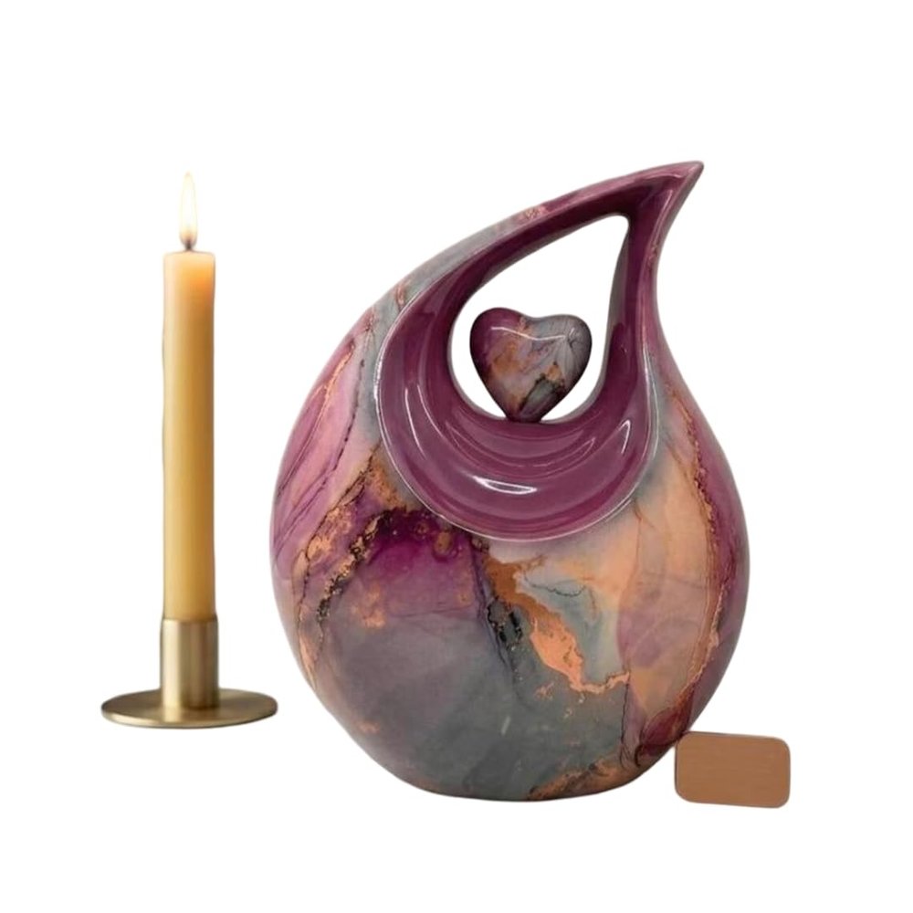 Teardrop Cremation Urn with Heart Accent - Artistic Solid Metal Urns for Human Ashes, Elegant Funeral Memorial Box for Adult Male & Female, Includes Velvet Bag