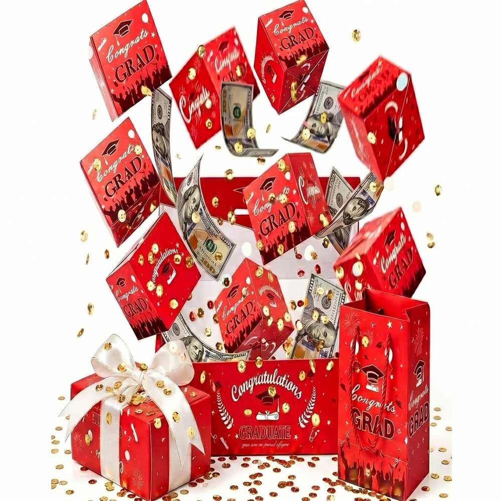 Graduation Explosion Gift Box 2026, Surprise Pop Up Gift Box with Cash Pull Tabs & Confetti, DIY Graduation Money Box, Creative Pop Up Cash Gift, Graduation Keepsake Box for Class of 2026 Party Gifts (3 Set Red,16Layer)