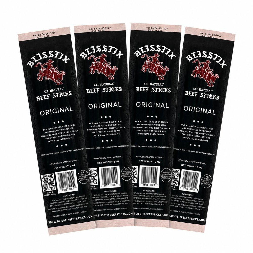 BLISSTIX - Grass Fed/Grass Finished All Natural, Minimally Processed Beef Snack Sticks (4 Pack/Original)