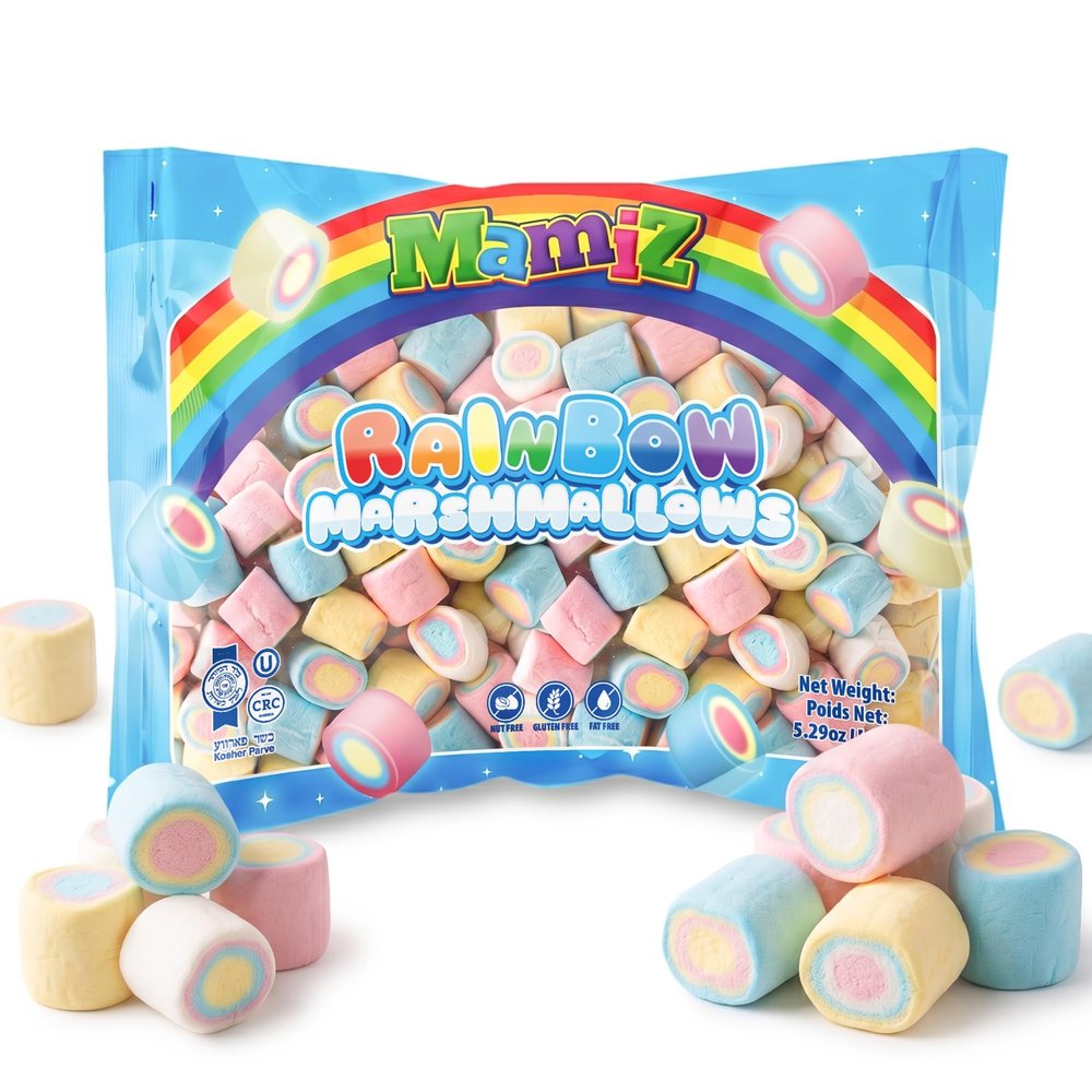 Mamiz Rainbow Marshmallows Soft and Fluffy Gluten-Free Gourmet Treats, Fat-Free and Nut-Free Colorful Marshmallow Candy for Party Favors, Baking, and Snacking, 5.29 oz (150g Bag)