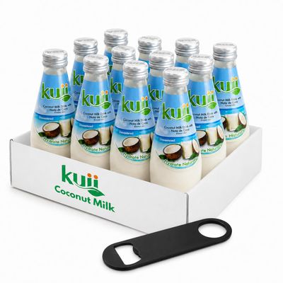 Coconut Milk Drink Kuii Original Coconut Flavor With Nata de Coco Bits - Includes a Bottle Cap Opener Fun & Fruity Tropical Hydration, 12-Pack Glass Bottles, 9.8 Fl Oz