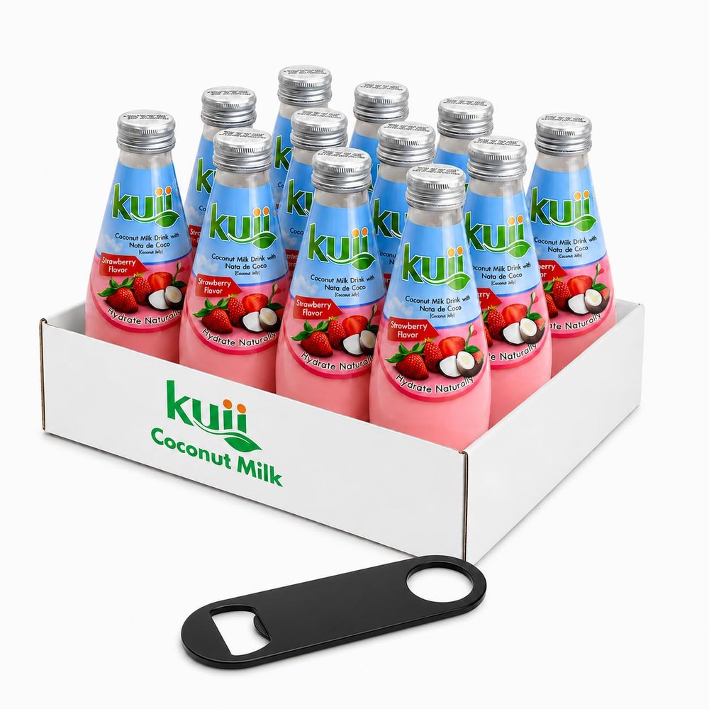 Coconut Milk Drink Kuii Strawberry Flavor With Nata de Coco Bits - Includes a Bottle Cap Opener Fun & Fruity Tropical Hydration, 12-Pack Glass Bottles, 9.8 Fl Oz