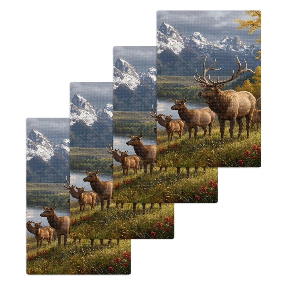 Farm Elk Hand Towels Set,Waffle Weave Kitchen Towels 4 Pieces,Farmhouse Mountain Forest Golden Yellow River Microfiber Hair Face Bath Tea Towel Absorbent Quick Drying Cleaning Dish Cloths,15.7"x23.6"