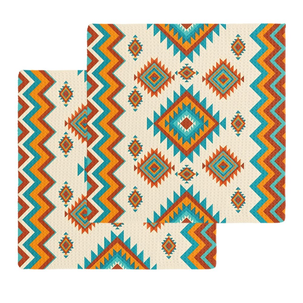 Habtucy Boho Dish Towels Set, Waffle Weave Kitchen Towels 2 Pieces, Vintage Ethnic Teal Orange Beige Geometric Microfiber Hair Face Bath Tea Towel Absorbent Quick Drying Cleaning Dish Cloths, 12"x12"