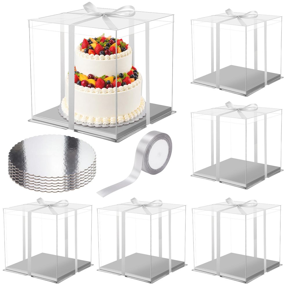 Watersay 6 Pack 12''x12''x10'' Silver Cake Box with Cake Boards and Ribbon