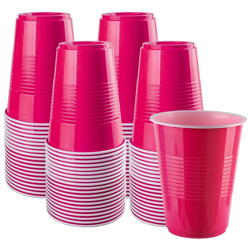 QIHUANKJ Disposable Plastic Cups, Fuchsia Cups, 16 Ounce Party Cups, Strong and Sturdy Disposable Cups for Party, Wedding, Christmas, Halloween Party Cup, 100 Pack (Fuchsia, 16OZ)