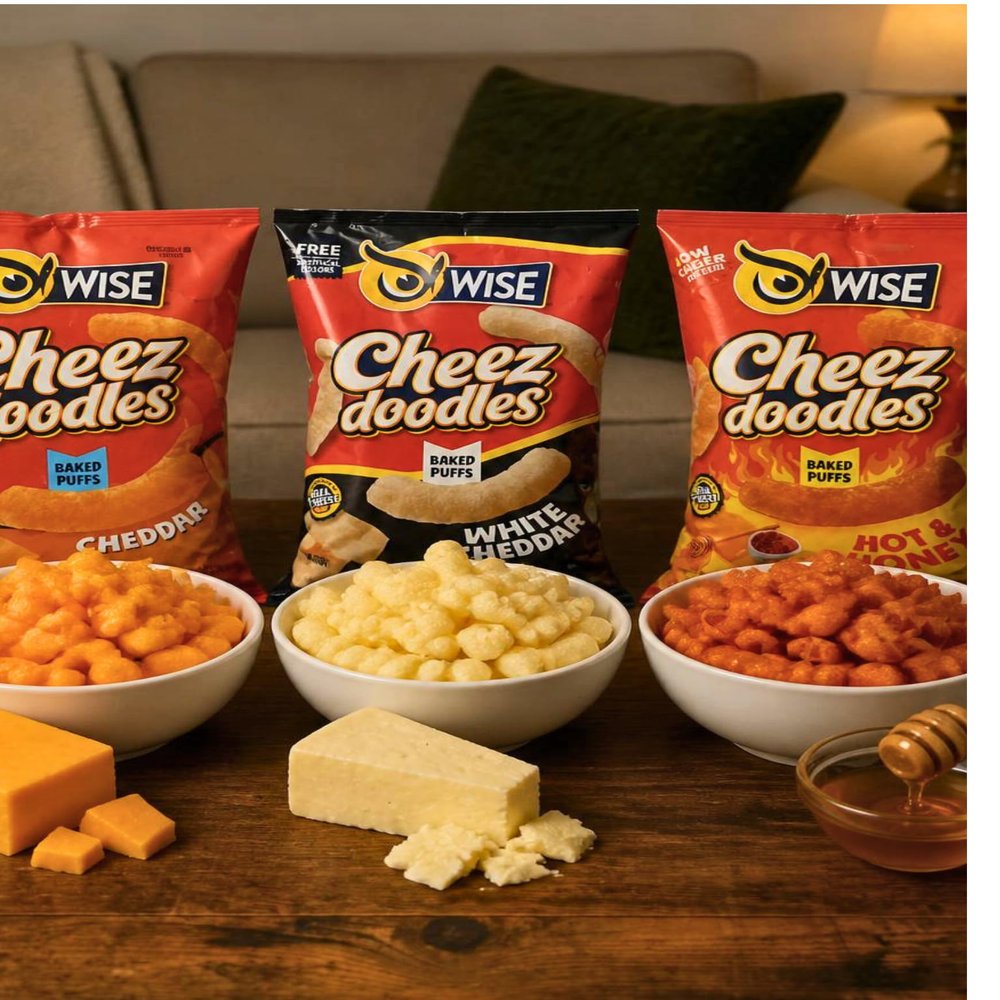 Wise Cheez Doodles Baked Puffs Variety Pack, Cheddar, White Cheddar, and Hot & Honey, Made with Real Cheese, 3 Pack