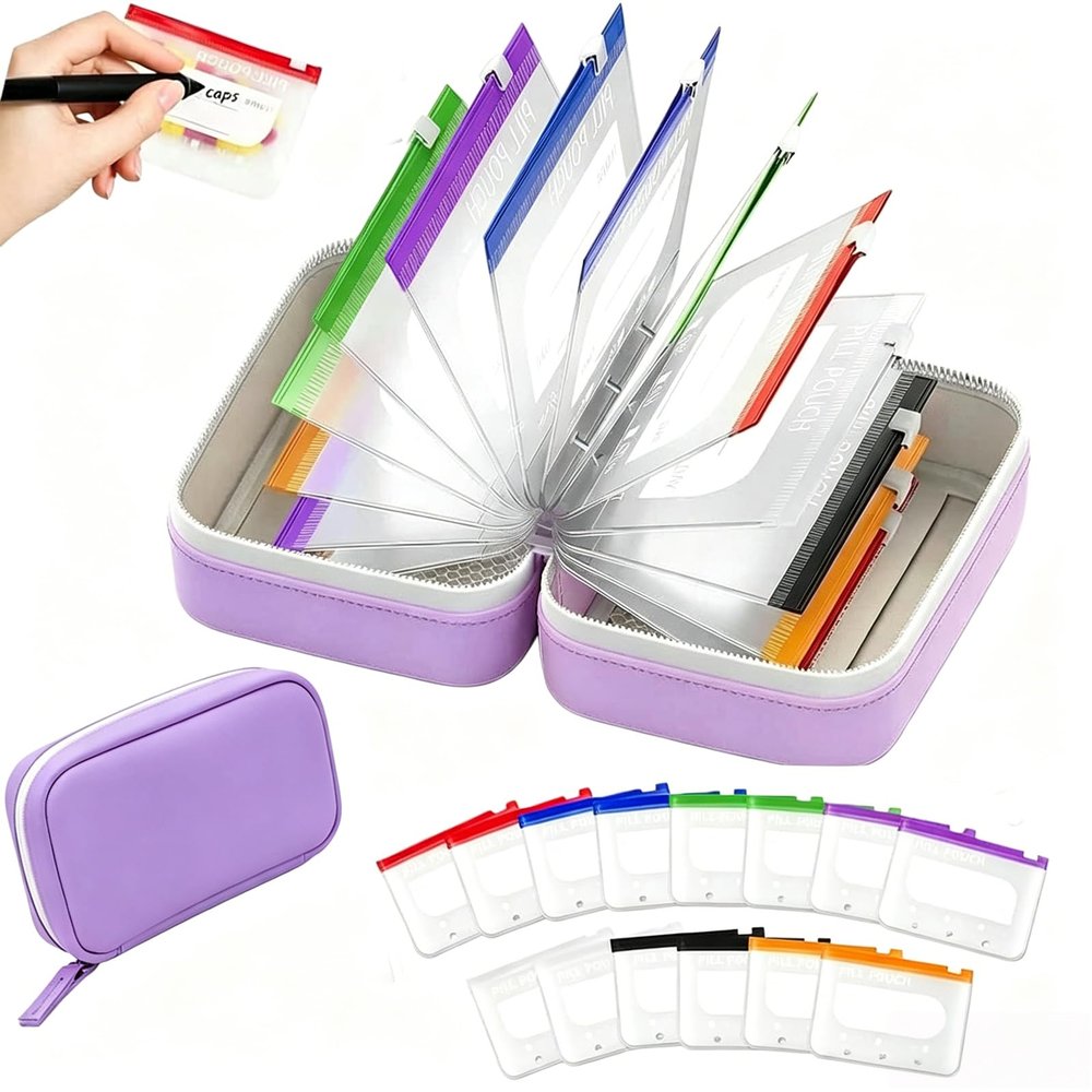 Waterproof Pill Pouches Set-14pcs Inside Bags,A8 Waterproof Pill Organizer Pouch Binder Set for Travel (Purple)