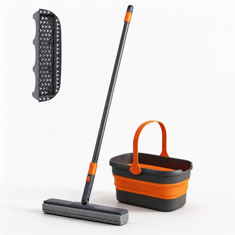 Sponge Mop and Collapsible Bucket Set, Floor Cleaning System with Built-in Wringer, Hands-Free Squeeze Mechanism, Adjustable Bucket Design, Portable Mopping Kit for Home and Office