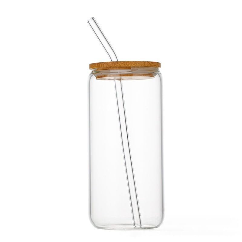 Glass Can Cup with Bamboo Lid and Glass Straw, Clear, 20 oz, Borosilicate, Iced Coffee Tumbler(8PCS)
