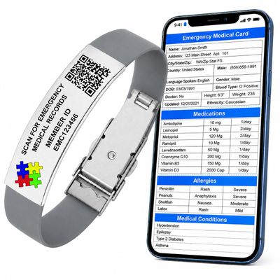 QR Autism Medical Alert Bracelet with Emergency Medical Profile Waterproof Silicone Medical ID Wristband for Kids & Adults, Durable and Adjustable Autism Safety Bracelet, No Monthly Fees (Grey)