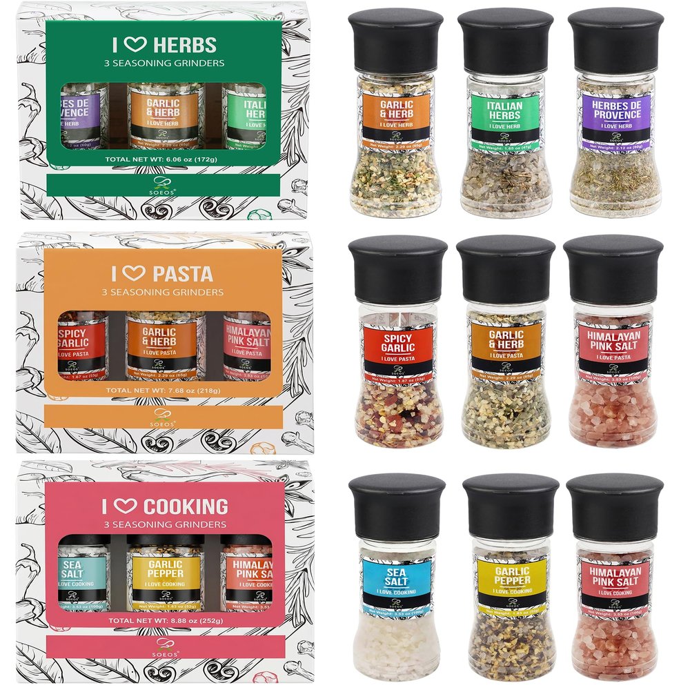 Soeos I Love Cooking Seasoning Grinder Set, 3 Pack Herb & Pasta Seasoning Grinders, Easy-to-Use Spice Blend for Pasta, Vegetables, Meat, Soup & Everyday Cooking