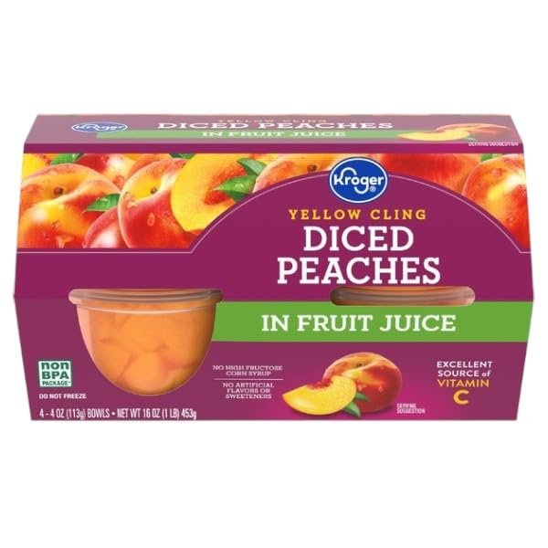 Yellow Cling Diced Peach Cups in 100% Juice, 4 oz, Pack of 4 Fruit Cups