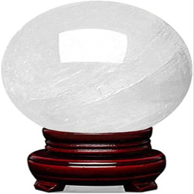 White Crystal Stone Crystal Ball Feng Shui Round Ball Ornament Polished Power Stone Divination Sphere ith Wood Stand for Display,10cm/3.9in