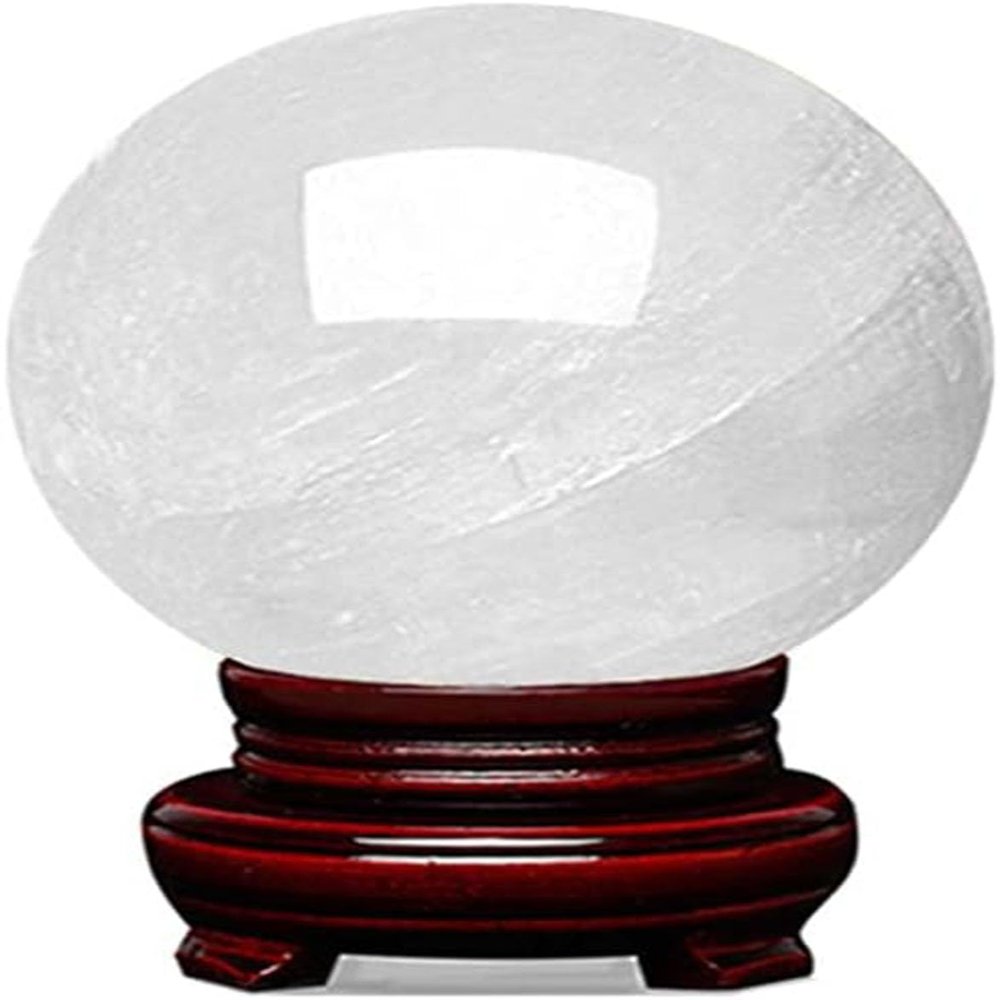 White Crystal Stone Crystal Ball Feng Shui Round Ball Ornament Polished Power Stone Divination Sphere ith Wood Stand for Display,10cm/3.9in