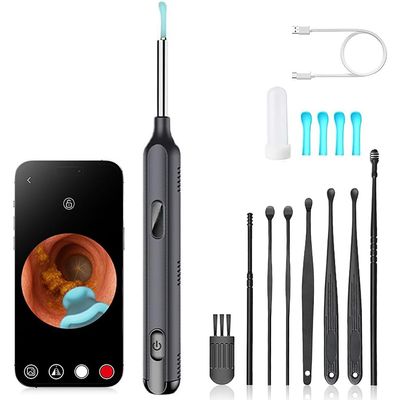 Ear Wax Removal Kit, 8Pcs Earwax Remover Tool with Ear Camera, 6 Soft Silicone Ear Spoons, Ear Cleaning Set with LED Light & Magnifying Glass, Ear Pick Tweezers for iOS & Android (Black)
