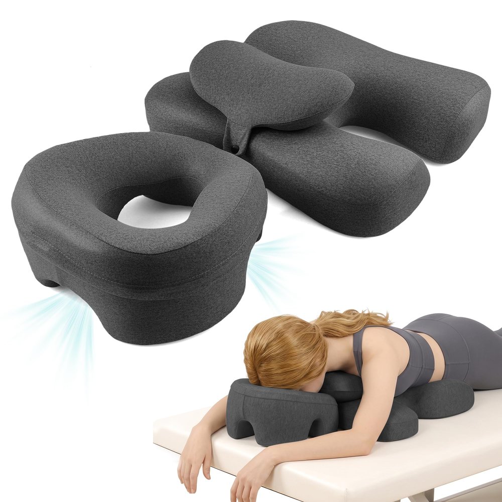 Face Down Massage Pillow Set, Memory Foam Prone Pillow with Chest Support, Breathable Face Cradle Pillow for Sleeping, Massage Table, SPA, Home Relaxation, Removable Washable Cover & Non-Slip Bottom