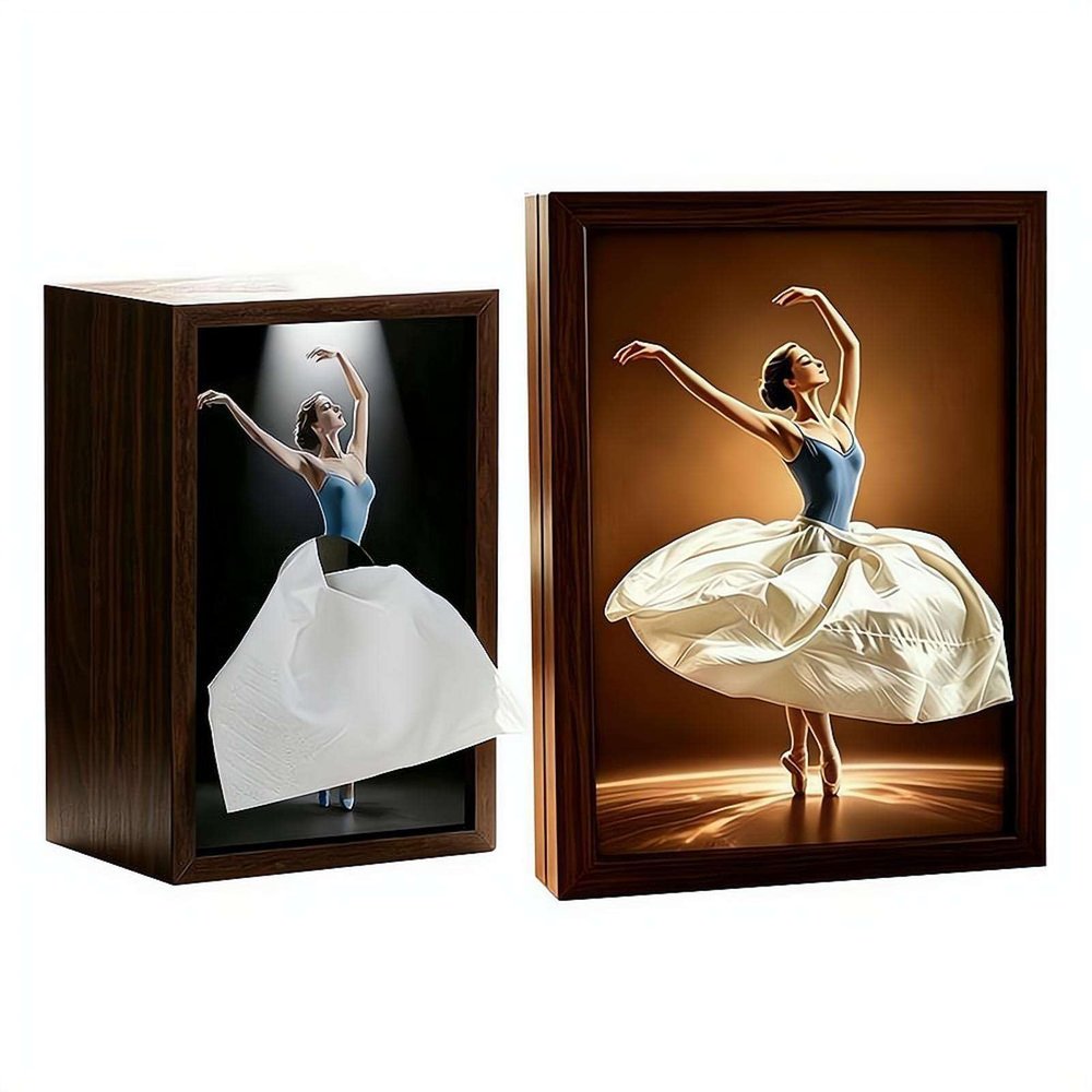 Ballet Girl Tissue Box with Touch Light, Lady Flying Dress Paper Dispenser, Wood Skirt Napkin Dispenser, Creative Tissue Cover Holder Desktop Organizer for Bedroom Desk Living Room (Black+Brown 2pcs)
