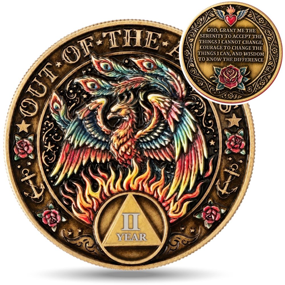 EXY 2 Year Sobriety Coin | Phoenix Rising Design | 3D Texture AA NA Medallions & Recovery Chips | Anniversary Sobriety Gift Set with Token Capsule, Stand & Card for Men Women