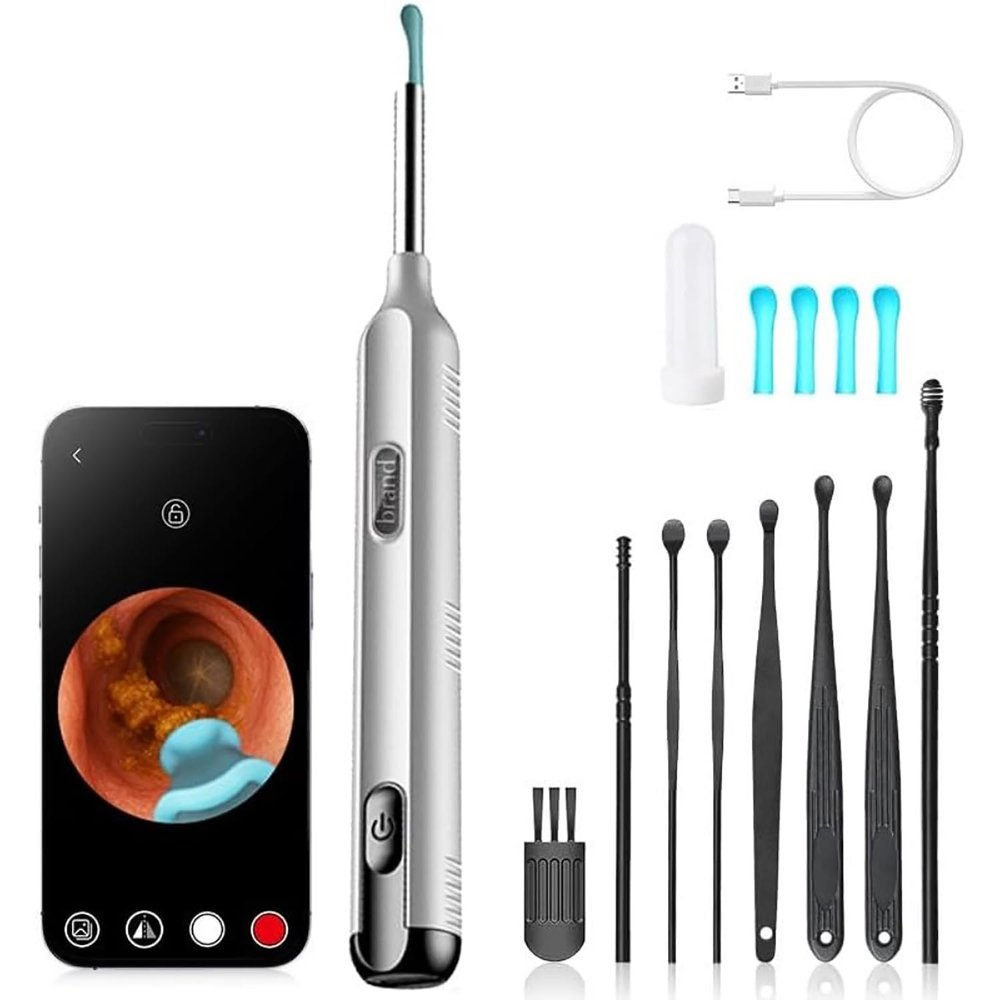 Ear Wax Removal Kit, 8Pcs Earwax Remover Tool with Ear Camera, 6 Soft Silicone Ear Spoons, Ear Cleaning Set with LED Light & Magnifying Glass, Ear Pick Tweezers for iOS & Android (White)