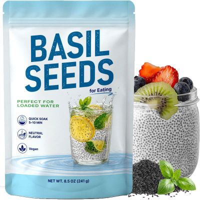 8.5oz Basil Seeds for Eating - Edible Basil Seeds, Quick Soak Gel Texture, Mix In for Fruit Infused Water and Bubble Style Drinks, for Yogurt, Overnight Oats and Smoothies