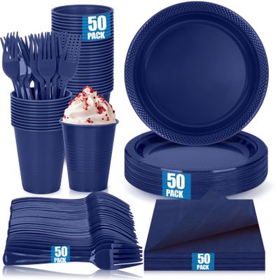 200pcs Blue Plastic Plates Party Supplies, Disposable 9'' Navy Blue Plates and Napkins, Cups & Cutlery Dinnerware Set for Birthday, Wedding, Baby Shower Decorations, Serves 50 Guests