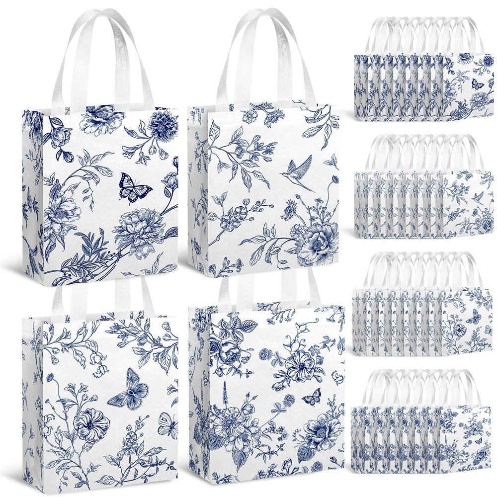 KOPOOEOE 36 Pcs Blue Floral Gift Bags Bulk Flower Party Tote Treat