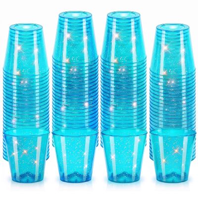 Pineburg 50 Pack 2oz Neon Blue Shot Cups - Glow Party Cups for Jello Shots, Cocktails, Birthday, Bachelorette, Wedding - Disposable Plastic Mini Tasting Cups