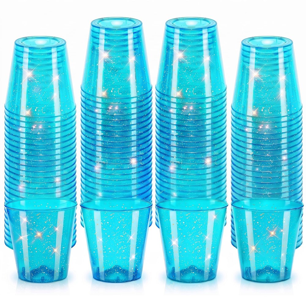 Pineburg 50 Pack 2oz Neon Blue Shot Cups - Glow Party Cups for Jello Shots, Cocktails, Birthday, Bachelorette, Wedding - Disposable Plastic Mini Tasting Cups