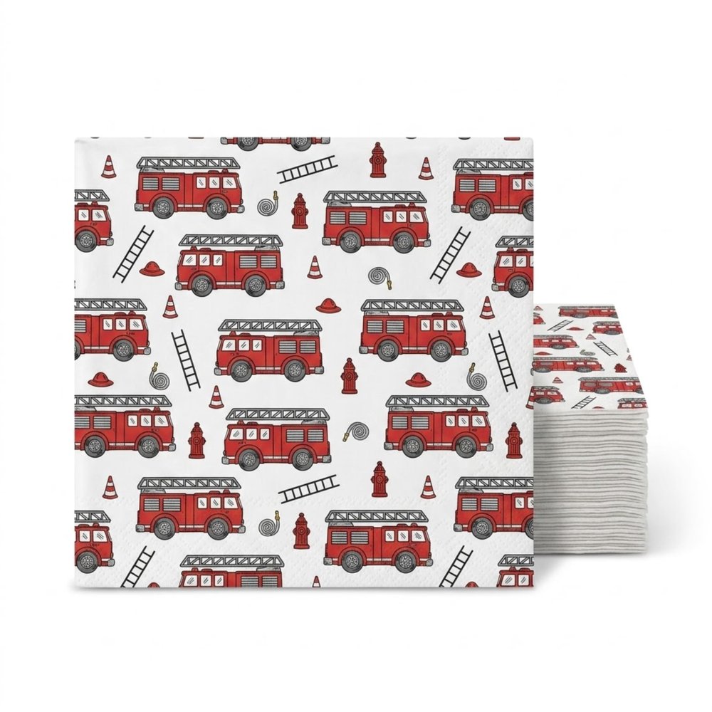 Altoona Design Birthday Cocktail Napkins - Premium Airlaid Linen-Feel Disposable Hand Towels for Graduation Party & Event (80, Fire Trucks)