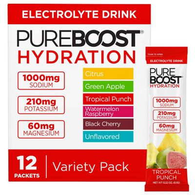Pureboost Sugar Free Electrolyte Hydration Powder Packets Variety Pack 12 Count Zero Calories Fast Hydration Drink Mix with 1000mg Sodium, Potassium & Magnesium