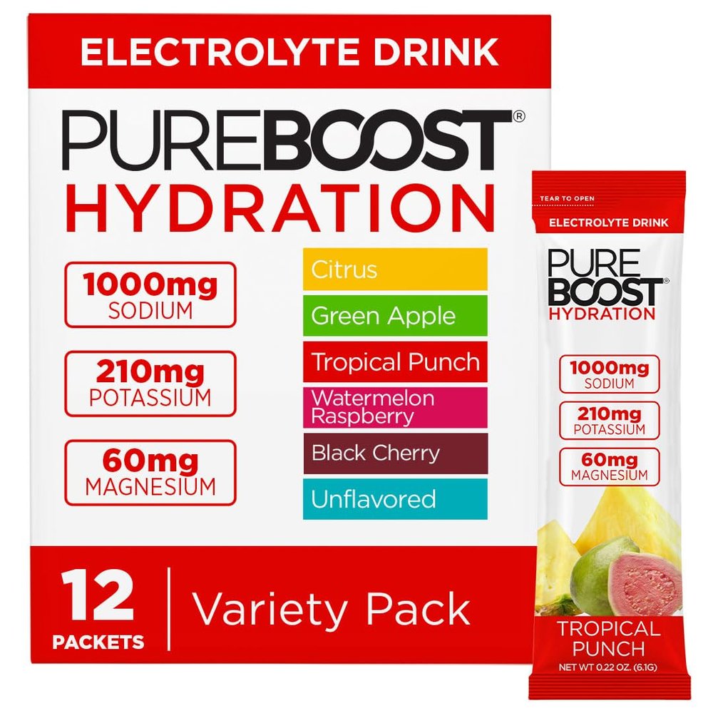 Pureboost Sugar Free Electrolyte Hydration Powder Packets Variety Pack 12 Count Zero Calories Fast Hydration Drink Mix with 1000mg Sodium, Potassium & Magnesium