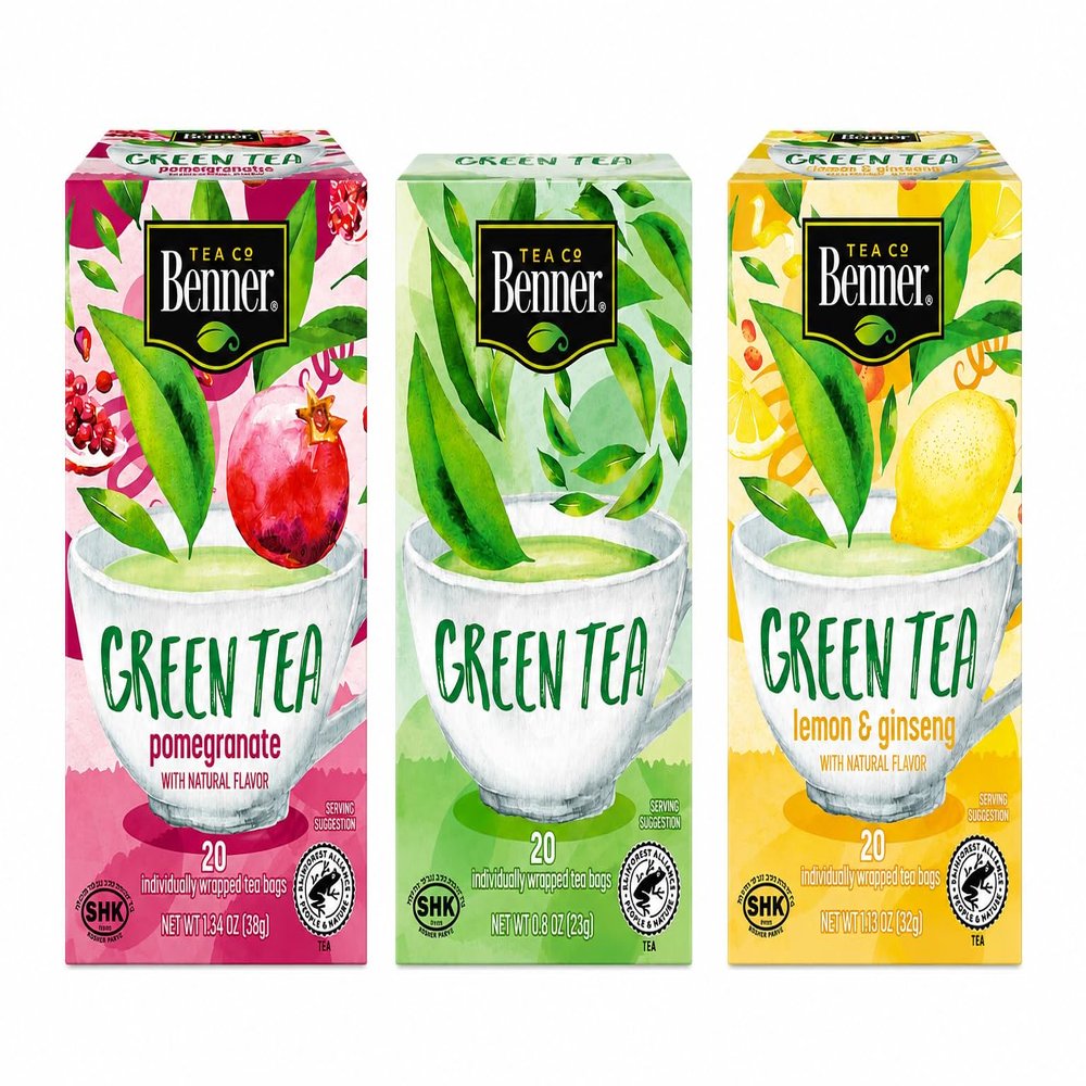 3 Box Set Assorted Tea Bag Collection Pomegranate Green Tea, Classic Green Tea & Lemon Ginseng Green Tea 20 Tea Bags Per Box, 60 Total Tea Bags