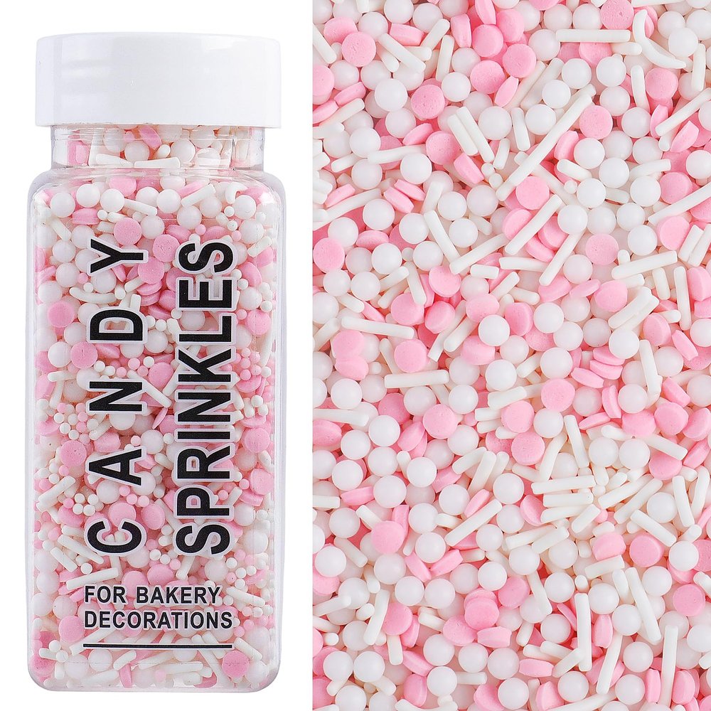 Pink and White Sprinkles for Cake Decorating, 4.6Oz Edible Nonpareils Jimmies Confetti Pearl Sprinkles Mix for Ice Cream Cupcakes Brownie Cookie Baking Topping