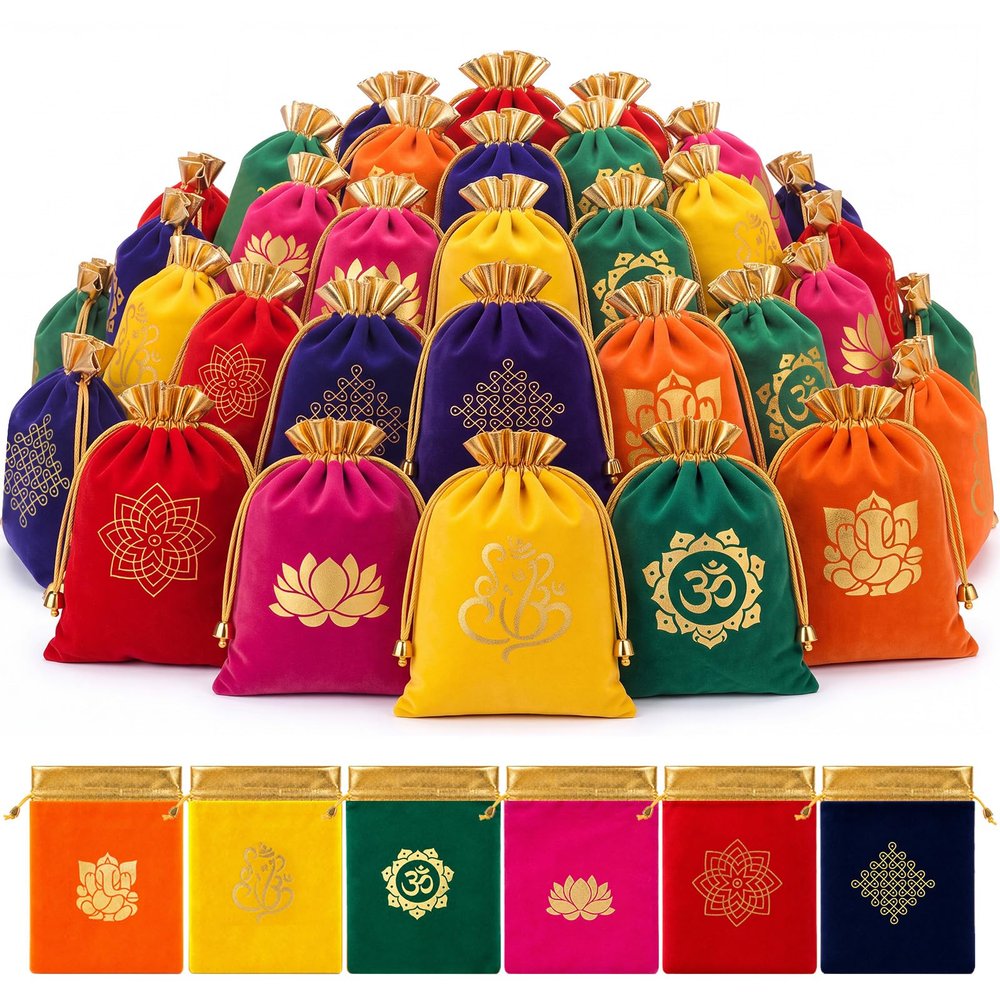 Kacctyen 60 Pcs Indian Return Gift Bags Bulk Traditional Potli Bags for Jewelry 6.7 x 9'' Kolam Print Farbic Return Gift Pouch with Drawstring for Pooja Diwali Housewarming Wedding Party Favor