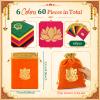 Kacctyen 60 Pcs Indian Return Gift Bags Bulk Traditional Potli Bags for Jewelry 6.7 x 9'' Kolam Print Farbic Return Gift Pouch with Drawstring for Pooja Diwali Housewarming Wedding Party Favor view 2
