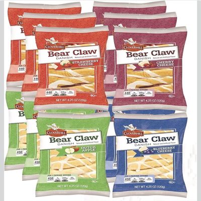Danish Fruit Pastry Variety Pack | Strawberry, Cherry, Blueberry and Apple Bear Claws | Pack of 24