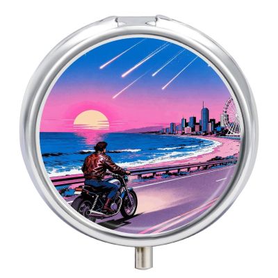 Pill Box Small Pill Organizer with 3 Compartments and Mirror Coastal Road Cycling Round Portable Travel Metal Pillcase for Pocket Or Purse, Privacy-Protecting Medicine Box