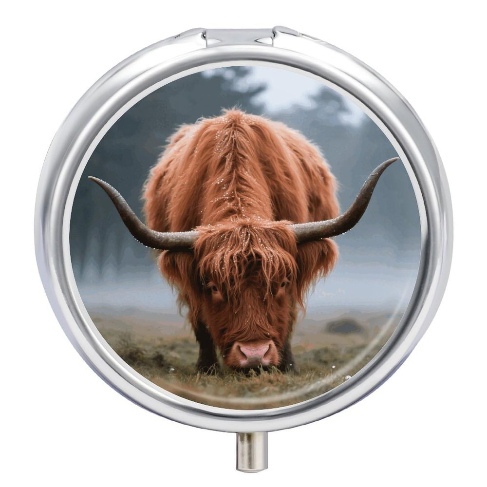 Pill Box Small Pill Organizer with 3 Compartments and Mirror Highland Cow Round Portable Travel Metal Pillcase for Pocket Or Purse, Privacy-Protecting Medicine Box