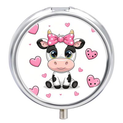 Pill Box Small Pill Organizer with 3 Compartments and Mirror Cute Cows Round Portable Travel Metal Pillcase for Pocket Or Purse, Privacy-Protecting Medicine Box