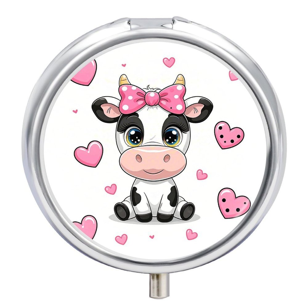 Pill Box Small Pill Organizer with 3 Compartments and Mirror Cute Cows Round Portable Travel Metal Pillcase for Pocket Or Purse, Privacy-Protecting Medicine Box