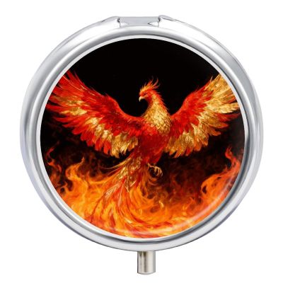 Pill Box Small Pill Organizer with 3 Compartments and Mirror Phoenix in Flames Round Portable Travel Metal Pillcase for Pocket Or Purse, Privacy-Protecting Medicine Box