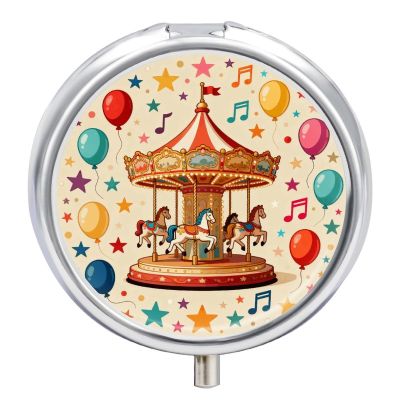 Pill Box Small Pill Organizer with 3 Compartments and Mirror Carousel & Balloons Round Portable Travel Metal Pillcase for Pocket Or Purse, Privacy-Protecting Medicine Box